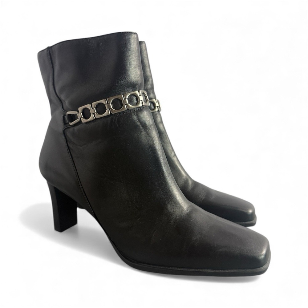 MARKON Tansy Black Leather Silver‎ Chain Square Toe Moto Ankle Boots Size 8M